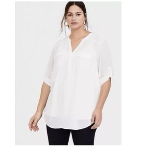 torrid White V-Neck Roll-Sleeve Blouse